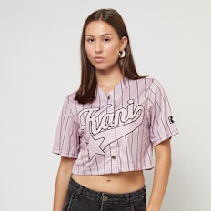 Karl Kani OG Star Logo Crop Pinstripe Baseball Shirt rosa