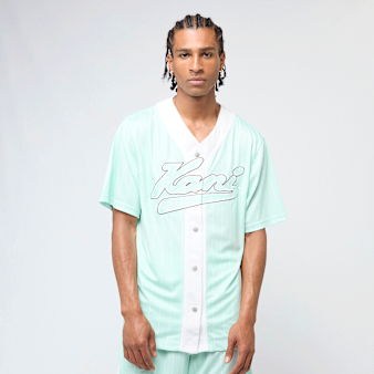 Karl Kani, Varsity Logo Pinstripe Baseball Shirt, blue